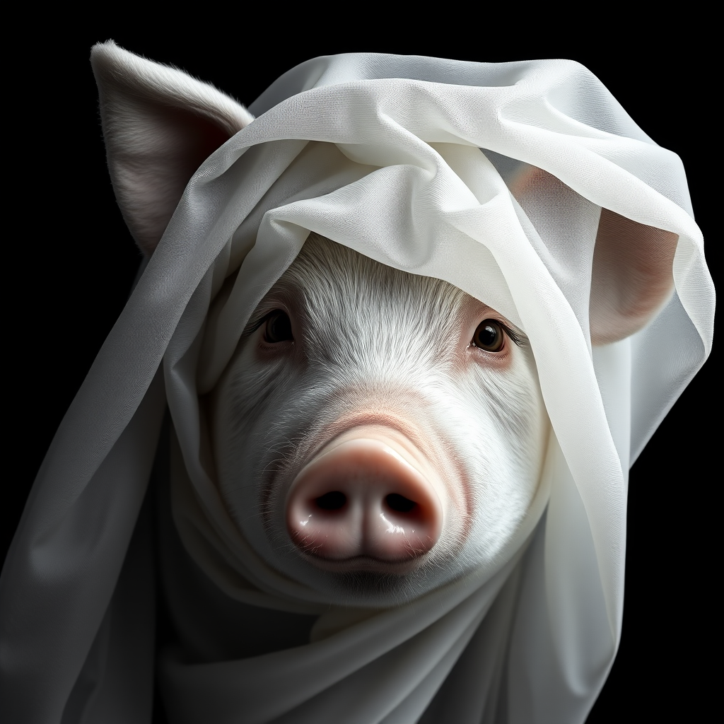 A hyper-realistic digital portrait of an pig with fabric draped over its head. The fabric is sheer and lightweight, allowing the contours of the pig’s face to show through, including its ears, eyes, and nose. The texture of the fabric is smooth and flowing, with delicate folds and creases that suggest softness and movement. The pig’s expression is serene and contemplative. The image focuses on the interplay of light and shadow on the fabric and the pig's face, creating a monochromatic palette of whites and grays. The background is a simple, nondescript dark shade to highlight the subject.