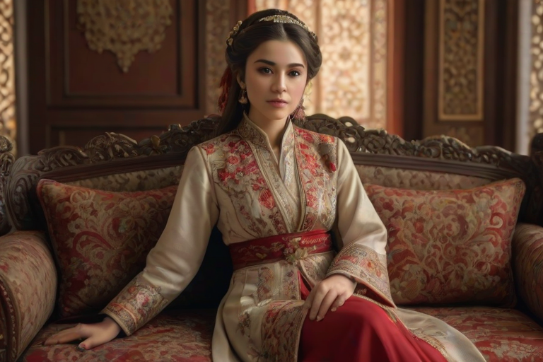 A beautiful Turkish woman in traditional East Asian attire, intricately detailed with embroidered patterns, sitting gracefully in a richly decorated room, soft ambient lighting, serene and elegant, ultra-realistic, 8K resolution