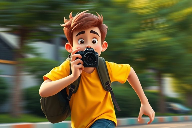 Generate an animated character of a young man with brown hair and a yellow shirt, running with a backpack, using a Canon EOS R5 camera with a 50mm lens at f/1.8, 1/200s shutter speed, with vibrant colors and dynamic motion blur to enhance image quality.