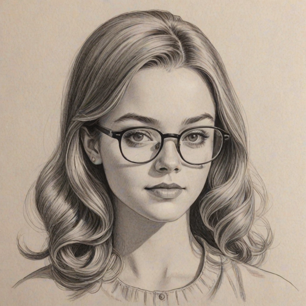 Captivating Jade Pettyjohn, pencil sketch, portrait of Comely woman 1960s in glasses, hair style beatnik, outline, clear lines, fine lines, 8k