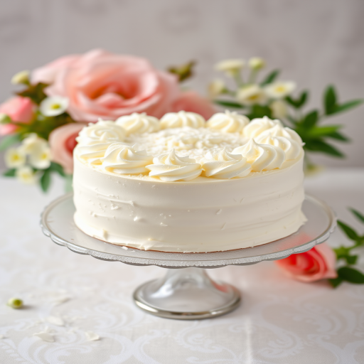 A beautifully decorated white cake topped with swirls of whipped cream and sprinkled with coconut flakes on a cake stand with a soft blurred background of flowers and a patterned tablecloth.
