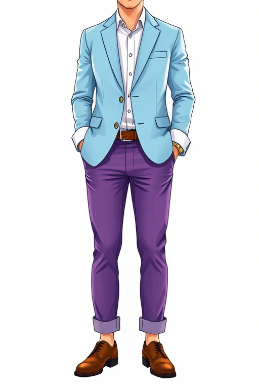 Generate a high-resolution illustration of a person standing confidently in a light blue blazer and purple trousers with rolled cuffs and brown shoes, using a Canon EOS R5 with a 50mm f/1.2 lens, f/2.8 aperture, ISO 100, and a clean white background to enhance the subject clarity and color vibrancy.