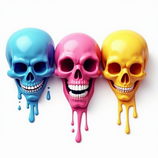 Create a hyper-realistic detailed image featuring three cartoon-style skulls aligned horizontally. The left skull is blue, the middle one is pink, and the right one is yellow. Each skull has an exaggerated, cheerful facial expression with wide, empty eye sockets and a broad, toothy grin. The skulls appear as if they are melting, with drips of color flowing down and pooling at the base. The drips enhance the vibrant, shiny appearance of the colors. The background is simple and white, emphasizing the vivid colors of the skulls. Each skull has slight shadows and highlights, adding depth and a glossy, wet look to the image. The proportions are playful and stylized with oversized heads, particularly focusing on the large, expressive mouth and eyes. This colorful, eye-catching image blends pop art sensibilities with a slightly macabre theme.