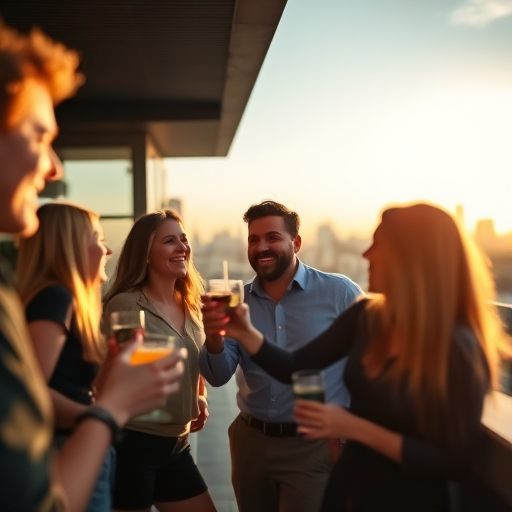 Blurry candid shot of a group of friends laughing and toasting drinks at a rooftop bar, soft golden light from the setting sun casting long shadows, with a vibrant city skyline barely visible in the background.