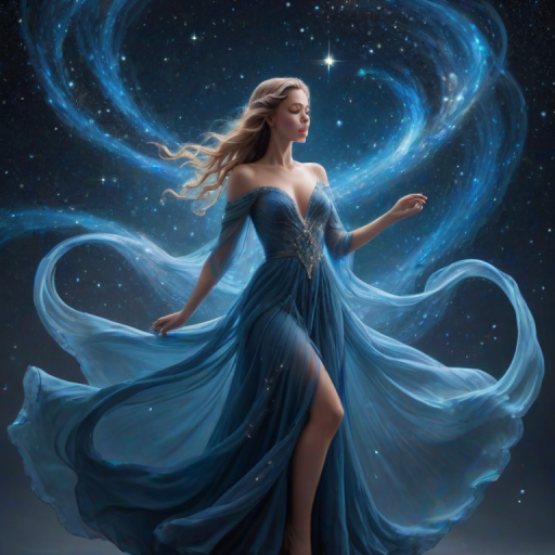 A mystical figure in a flowing blue gown surrounded by swirling cosmic lights and ethereal stars in a dreamy night sky.