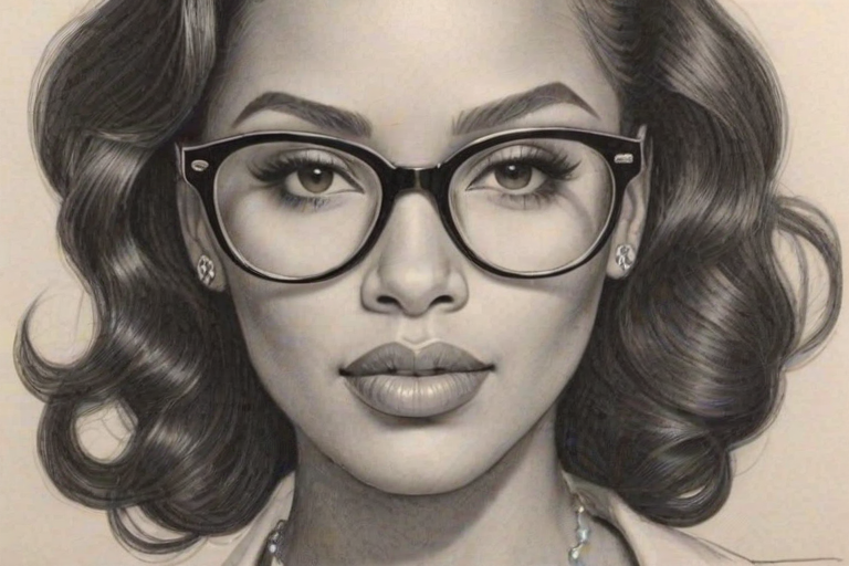 Superb Erica Mena, pencil sketch, portrait of Ravishing woman 1933s in glasses, hair style beatnik, outline, clear lines, fine lines, 8k