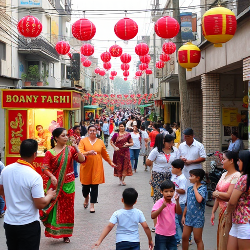 Lively street festival, featuring performers showcasing traditional dances, colorful food stalls, and families enjoying various activities, with vibrant decorations adorning the streets.