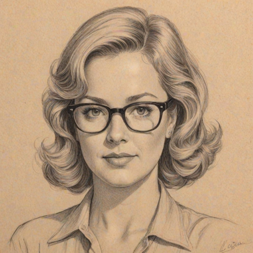 Appealing Catherine Hicks, pencil sketch, portrait of Pleasing woman 1935s in glasses, hair style beatnik, outline, clear lines, fine lines, 8k