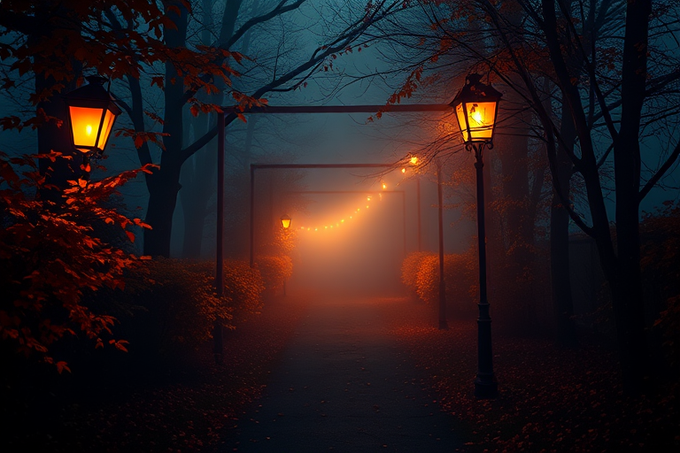 A mystical Halloween pathway illuminated by lanterns, with fog and vibrant autumn leaves, captured with a Canon EOS R5, 50mm f/1.8 lens, aperture f/2.8, shutter speed 1/60s, ISO 200, in soft focus style for a dreamy effect.