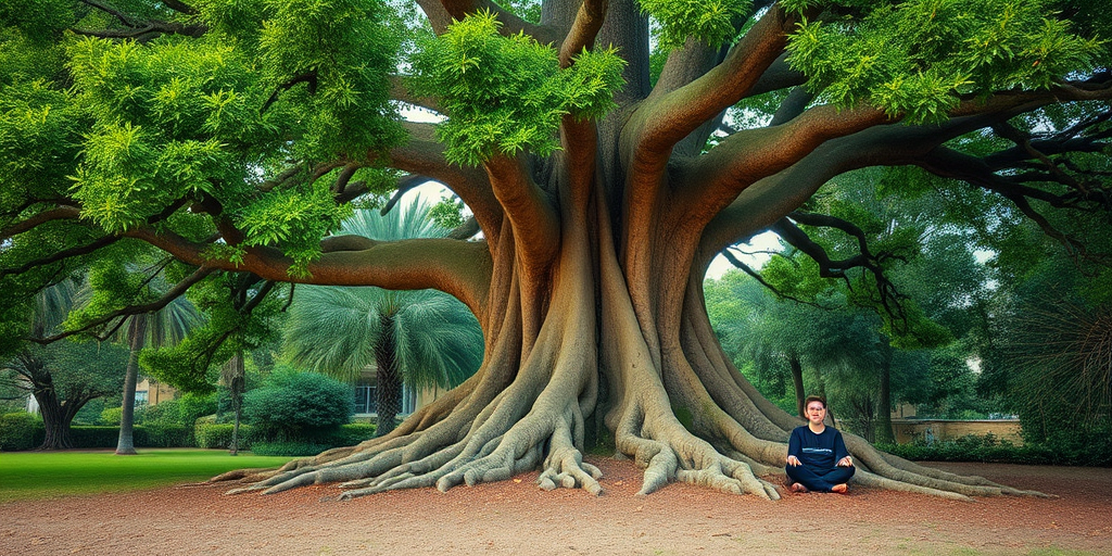 A serene scene showcasing a large, vibrant tree with lush green leaves and intricate roots, featuring a calming figure meditating at its base, captured with a DSLR camera at f/1.8 aperture, 50mm lens, ISO 100, shot from a low angle to emphasize the tree's grandeur and enhance colors.