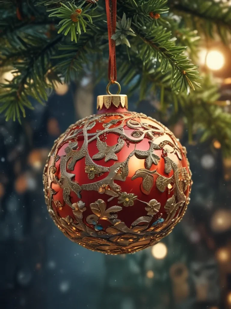 Elegant Red and Gold Christmas Ornament Hanging from a Festive Tree