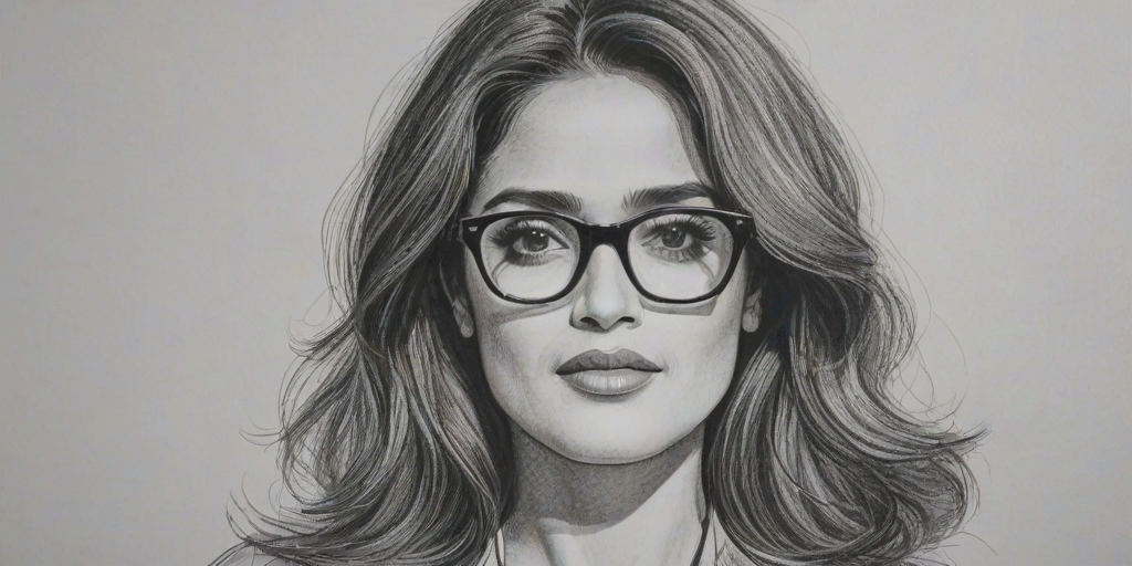 Fetching Salma Hayek, pencil sketch, portrait of Radiant woman 1955s in glasses, hair style beatnik, outline, clear lines, fine lines, 8k