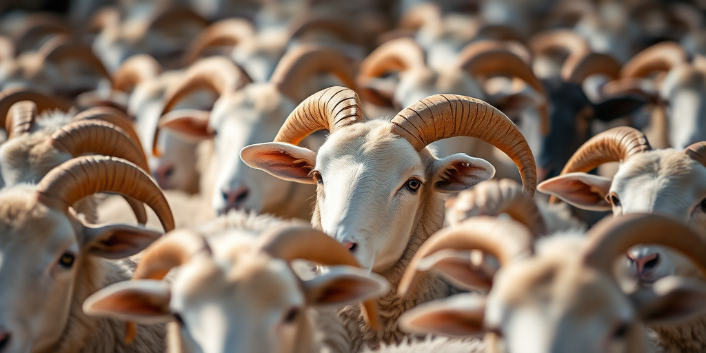 Focus on a densely packed group of sheep with unique horn shapes, shot in natural light with a shallow depth of field, using a DSLR camera with a 50mm lens, aperture f/2.8, ISO 200, and shutter speed 1/200s for enhanced detail and clarity.