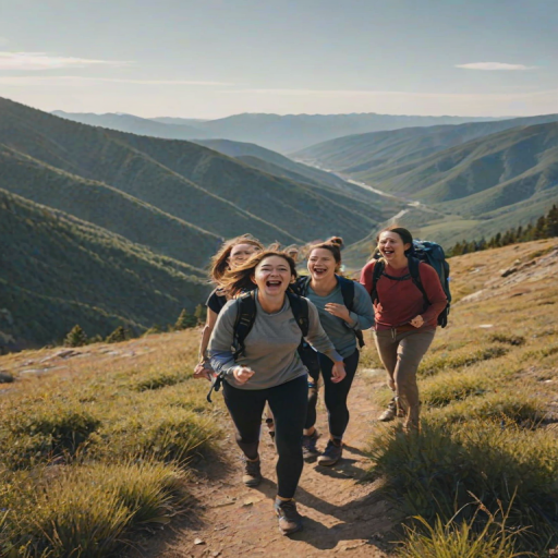 Group of friends hiking along a mountain trail, their laughter carried on the wind, as they reach a scenic overlook with a breathtaking view of the valley below.