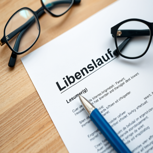 Capture a close-up shot of a resume titled 'Lebenslauf' with a blue pen and glasses resting beside it, using a DSLR camera, 50mm lens at f/2.8 aperture, ISO 100, and natural lighting for enhanced clarity and detail.