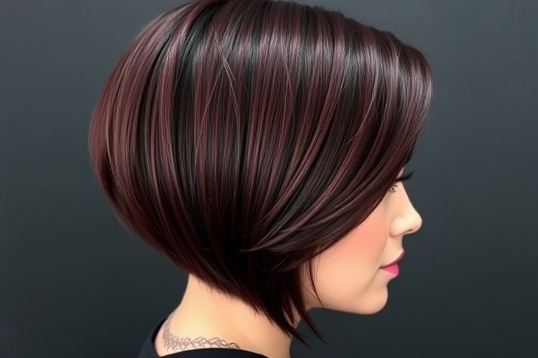 Deep burgundy locks styled in a sleek asymmetrical bob with one side shaved, featuring intricate mandala designs etched into the buzzed portion, blending edge with elegance.