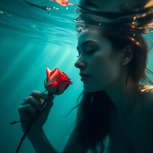 A woman underwater, gazing at a rose Her face is reflected in the water's surface The scene is illuminated by sunlight filtering through the water The atmosphere is serene and contemplative
