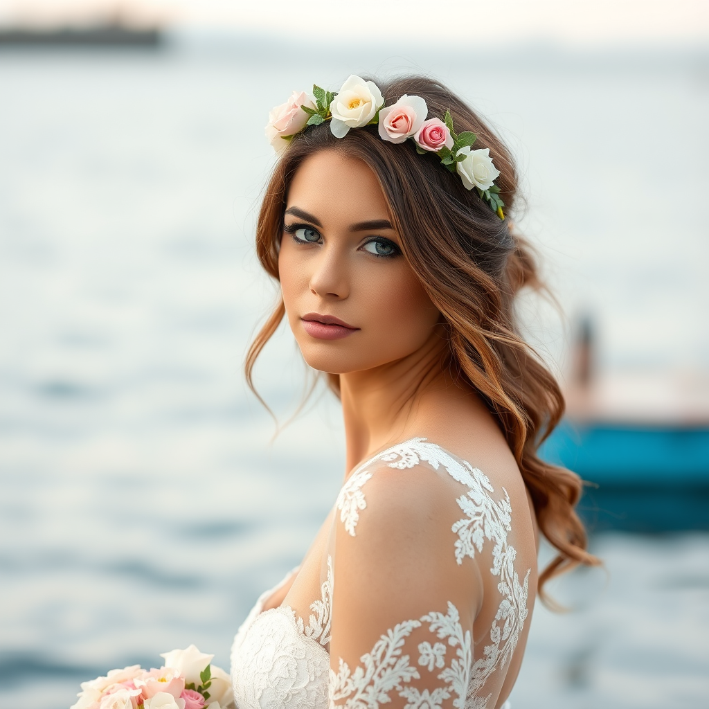water front scene, bridal model, delicate lace gown, floral headpiece, soft romantic focus, high-key lighting and an 85mm lens for soft, even tones that highlight the model’s face and bright outfit against a white or light background