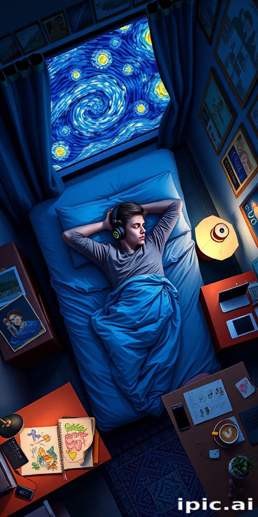 A top-down Van Gogh-style painting of a young man lying on his bed, listening to music with headphones. The room is softly lit with deep blues and purples, creating a peaceful nighttime atmosphere. The bed has a soft pillow, and the man's arms are resting behind his head. Around the bed, various glowing gadgets such as a smartphone, a laptop, and a small lamp are visible, casting a gentle light. The rest of the bedroom includes a desk with books, a chair, and a small rug on the floor. A window near the bed reveals a starry night sky with swirling stars, reminiscent of Van Gogh's 'Starry Night.' On the desk, there is a sketchbook with colorful drawings, a cup of coffee steaming gently, and a small potted plant. The walls have posters of famous paintings and a corkboard with pinned notes and photos. The scene is full of dynamic, swirling brushstrokes, capturing the essence of Van Gogh's unique style. The overall mood is serene and contemplative, with a touch of artistic inspiration.
