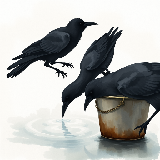Create a watercolor painting of the silhouette of crows drinking water from a bucket, with muted colors and a textured background.