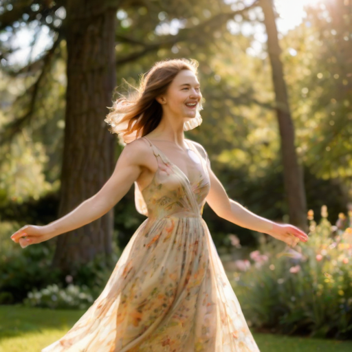 Blurry action shot of a woman twirling in a flowy dress in a sunlit garden, soft golden light filtering through the trees, with flowers softly blurred in the background.