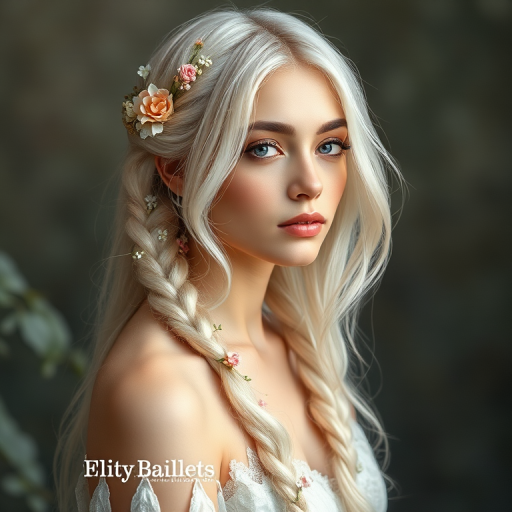 Ethereal fairy-like woman with waist-length, iridescent white-blonde hair styled in loose, romantic braids adorned with tiny flowers