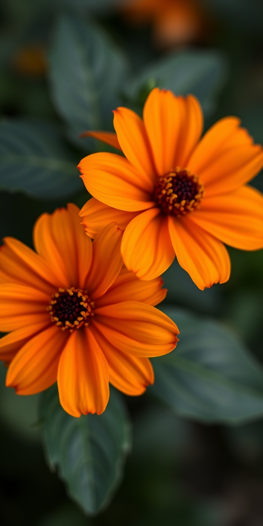 close-up shot of two vibrant orange flowers with dark green leaves in the background, ISO 100, f/2.8, 1/200s, macro lens, shallow depth of field, DSLR camera
