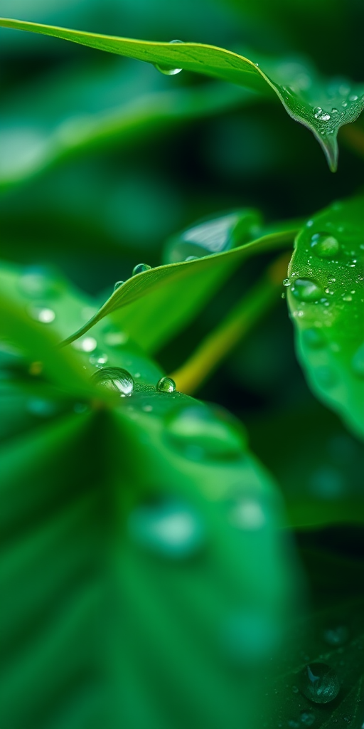 close-up of green leaves with water droplets, soft focus background, natural light, aperture f/2.8, ISO 100, shutter speed 1/50s, macro lens, DSLR camera, high resolution
