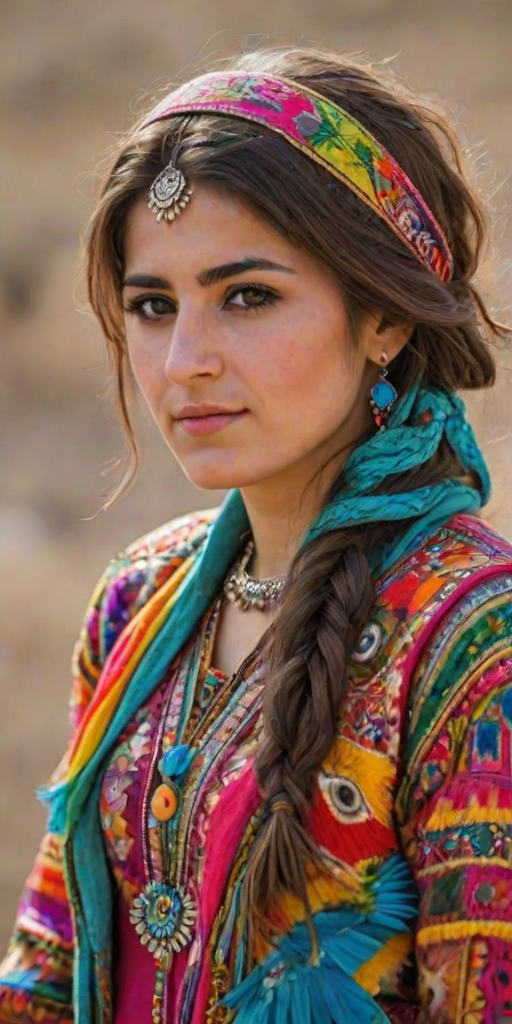 A beautiful Kurdish girl, wearing colorful bird clothing with vibrant colors