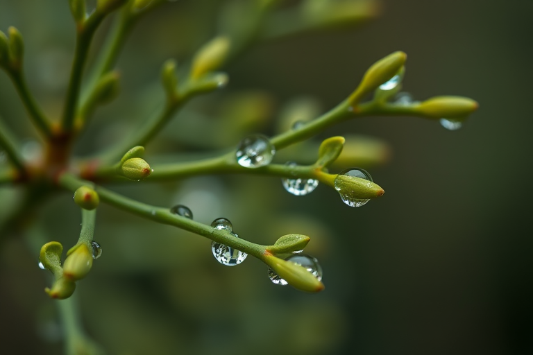 Close-up shot of green branches with water droplets on them, shallow depth of field, soft focus background, natural lighting, f/2.8 aperture, ISO 100, 50mm lens, DSLR camera, macro photography style.