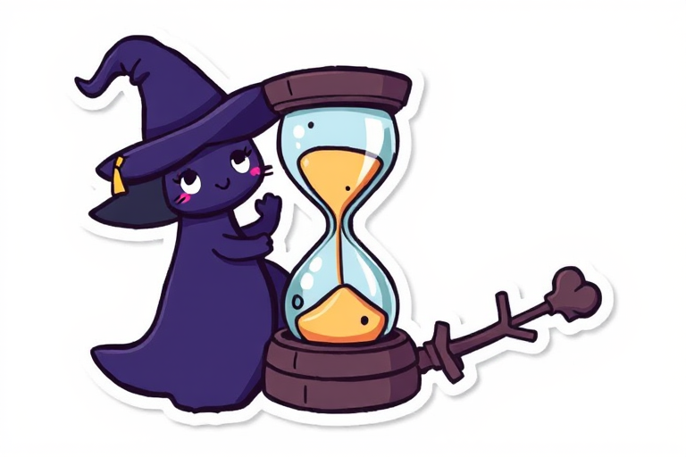 this image is a kawaii Witch's hourglass sticker, 3d digital art, white background, sticker line weight