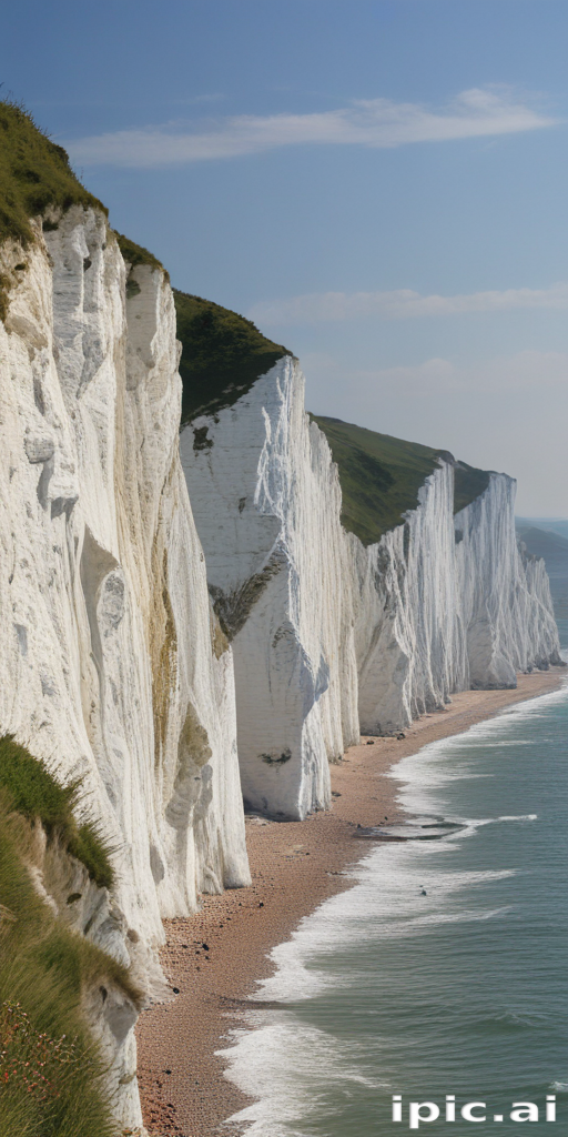 Majestic White Cliffs Overlooking a Serene Beach and Calm Sea.
