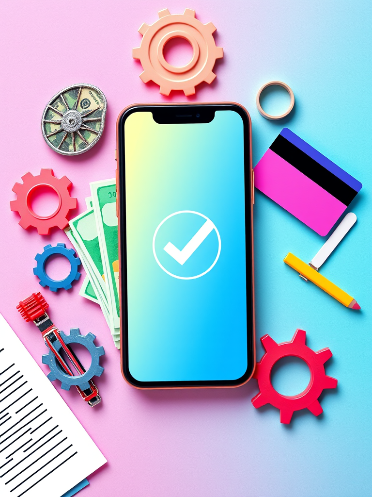 create a vibrant digital illustration depicting a smartphone displaying a business app with a checkmark, featuring money, a credit card, gears, and a document, shot with a Canon EOS R5, 50mm lens, aperture f/1.8, ISO 100, in a flat lay perspective, using bright colors and a clean background to enhance image clarity