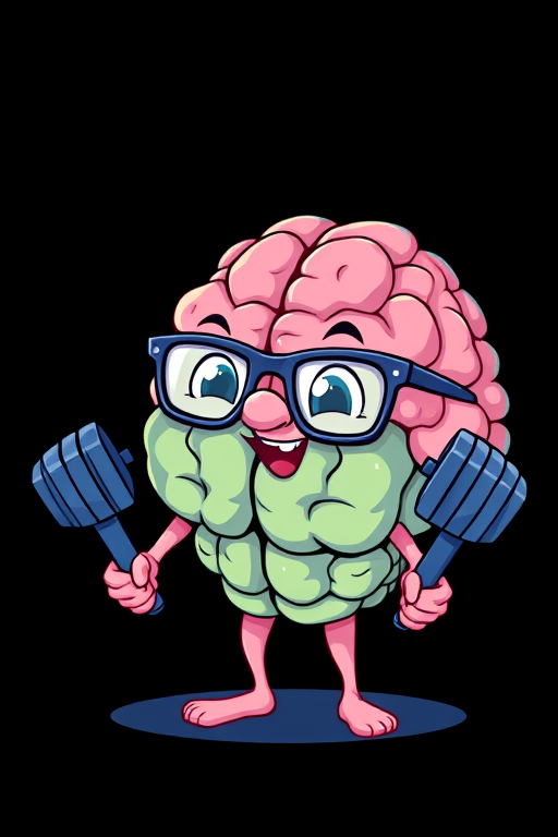 Illustrate a cute cartoon brain lifting dumbbells while wearing oversized glasses, vibrant colors, black background, shot with a DSLR camera at f/2.8 aperture, 50mm lens, natural lighting, high saturation and contrast.