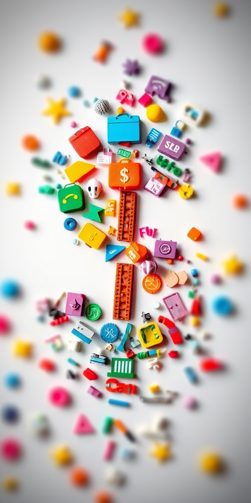 Create an image of a dollar sign formed by colorful shopping and payment icons, captured using a DSLR camera with a 50mm lens, aperture set to f/1.8, ISO 100, and a shallow depth of field for a vibrant and stylized look.