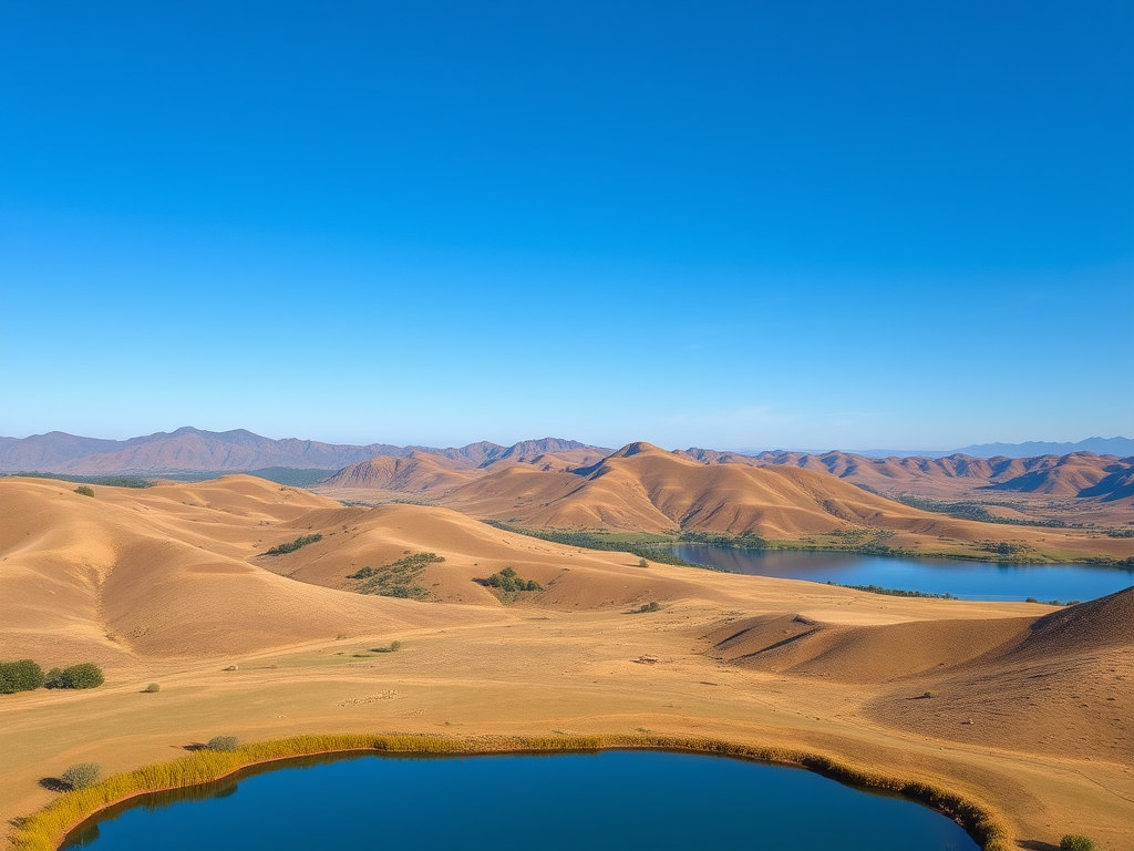 Create an ultra-realistic image of a serene landscape featuring rolling hills, a clear blue sky, and a tranquil lake reflecting the scenery, taken with a Canon EOS R5 at f/8, ISO 100, 1/125s, using a wide-angle lens from a high vantage point to capture the expansive view.