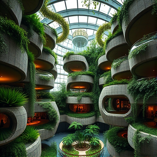 Create a highly detailed image of an interior with stacked circular structures resembling a modern garden, featuring lush greenery interspersed with soft lighting that highlights the textures, shot with a Canon EOS R5, 24mm lens, f/8 aperture, ISO 100, in soft natural light, wide-angle view, emphasizing depth and clarity.