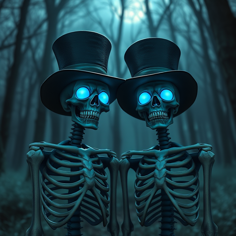 Create a highly detailed digital illustration of two skeletons wearing top hats, with glowing blue eyes, set in a spooky, misty forest at night, using a DSLR camera with a 50mm lens, f/1.8 aperture, ISO 100, and soft focus effect to enhance depth and atmosphere.