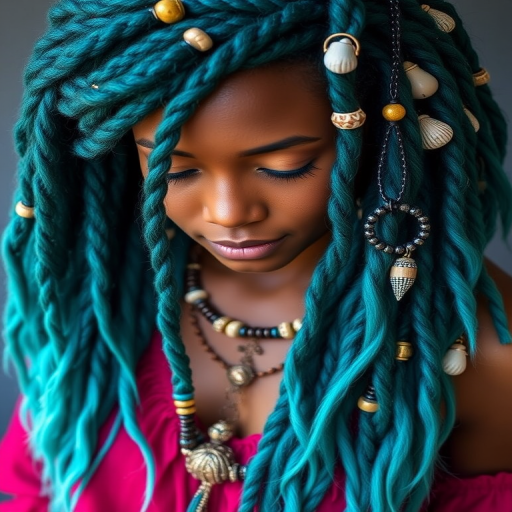 Mystical deep teal dreadlocks titled "Oceanic Tendrils" adorned with sea-inspired beads and shells, featuring an ombré effect fading into aquamarine tips