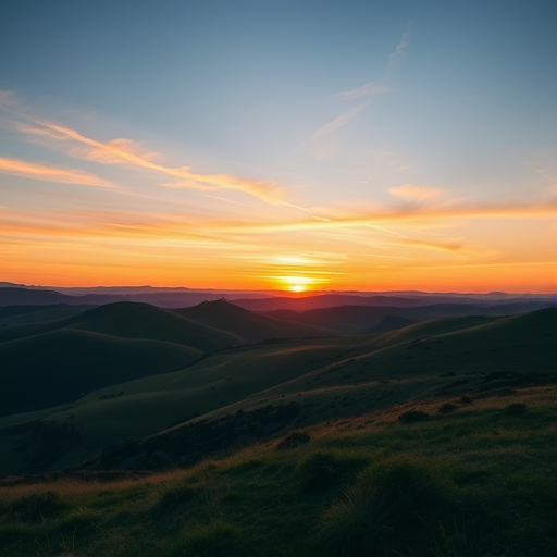 Create a high-resolution digital image of a serene landscape featuring rolling hills and a sunset sky, captured with a DSLR camera using a 50mm lens, aperture f/1.8, ISO 100, and a wide-angle view to ensure a vivid and immersive scene.