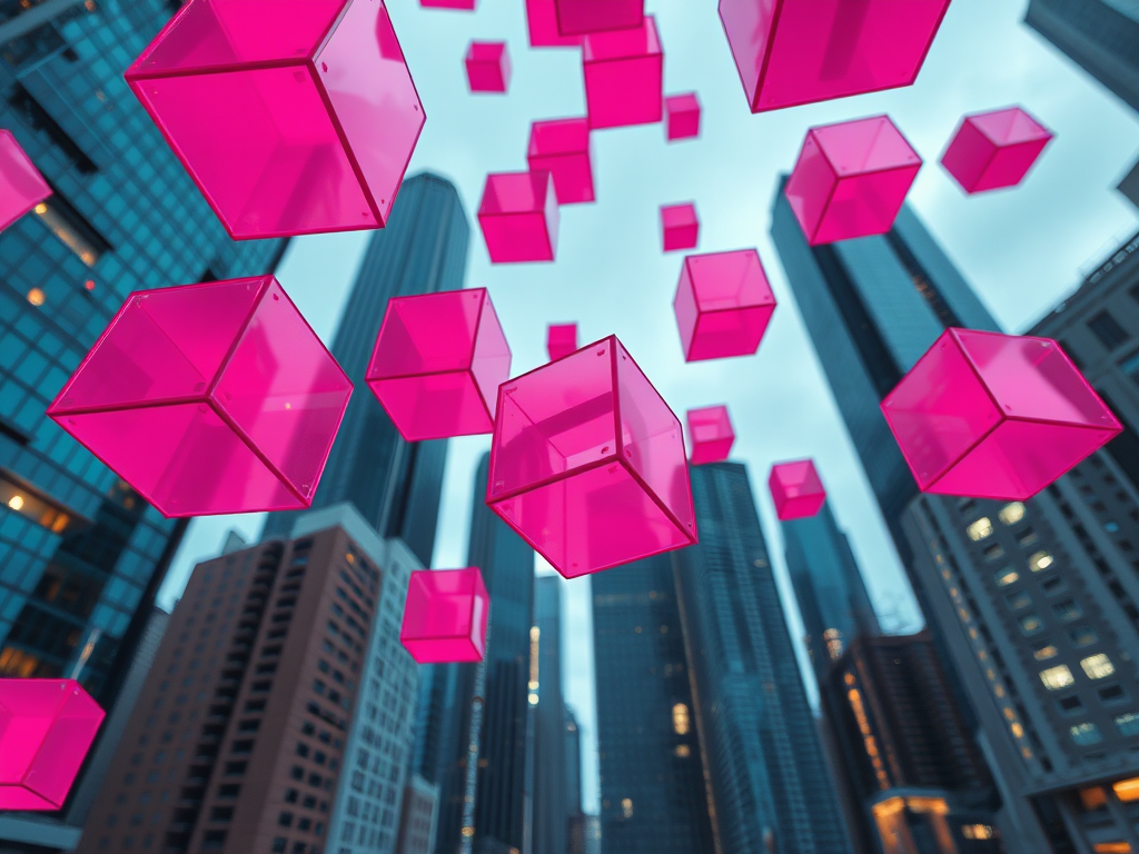 Create a surreal scene of floating pink translucent cubes in a futuristic cityscape, viewed from below looking upwards, using a high-resolution camera with a wide aperture (f/2.8), shutter speed of 1/125s, ISO 100, and a tilt-shift lens to enhance depth of field and clarity.