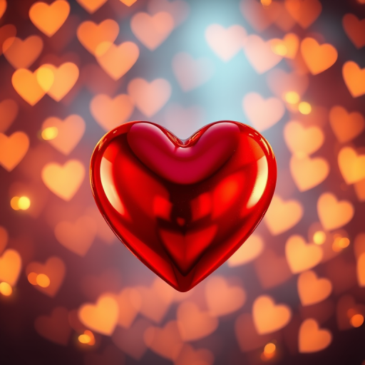 Create a 3D rendered image of a shiny red heart framed with sparkling golden lights against a soft bokeh background of glowing heart shapes, captured with a DSLR camera at f/1.8 aperture, ISO 100, 50mm lens, in a macro style to enhance detail and depth.