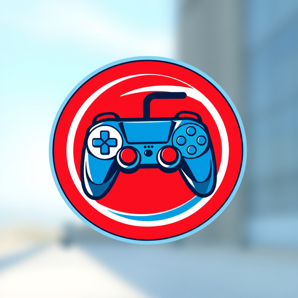 Create a high-resolution digital illustration of a stylish gaming controller logo, with a vibrant color scheme of red, blue, and white, centered in a circular design, captured using a DSLR camera at f/2.8 aperture, ISO 100, 50mm lens, natural lighting, and a shallow depth of field to enhance image quality.