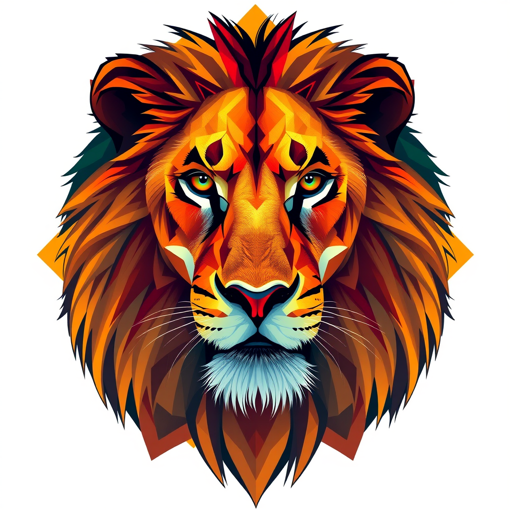 Create a detailed vector illustration of a lion in a stylized geometric design, using vibrant colors and intricate patterns, captured with a DSLR camera at f/2.8, ISO 100, 50mm lens, overhead view, high contrast lighting.