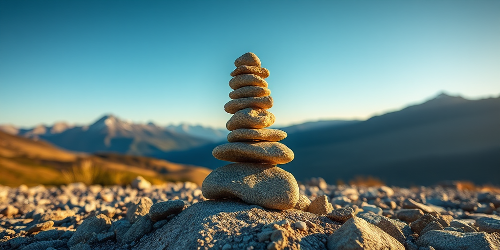 create a scenic landscape with a stack of balanced stones in the foreground, mountains in the background under a clear sky, golden hour lighting, DSLR camera settings: f/8, ISO 100, 1/125s, 24mm lens, wide-angle view, high dynamic range photography