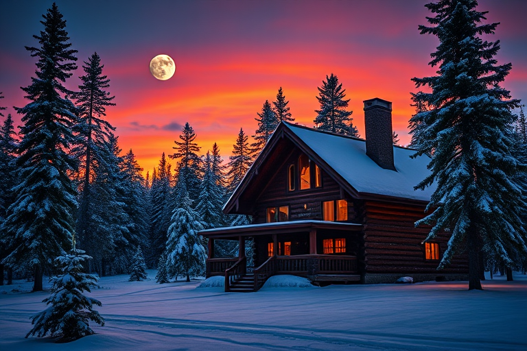 a cozy log cabin in a snowy landscape under a full moon, surrounded by tall pine trees, snow gently falling, vibrant sunset colors in the background, captured with a DSLR camera, 24mm lens, aperture f/8, ISO 200, shot at twilight to enhance the warm glow from the cabin windows.