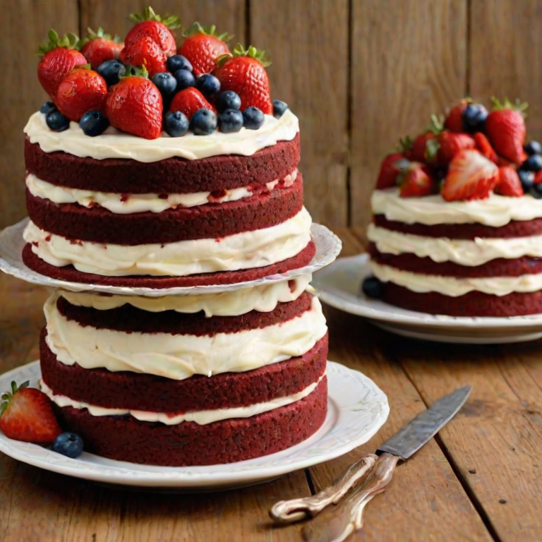 Create an image of two layered red velvet cakes stacked on a wooden surface. Each cake should be adorned with fresh strawberries, blueberries, and green leaves, with a decorative border of cream on top. The background should be simple and rustic to enhance the visual appeal of the cakes.