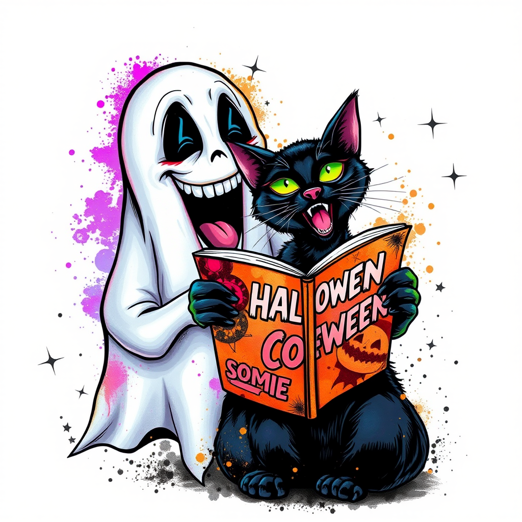 Image of a ghost and a black cat laughing exaggeratedly , and reading a comic halloween comic book, alcohol ink airbrush style, funny halloween theme, white background with neon purple, neon orange, neon green splash, black sparkles stars , dazzling BG