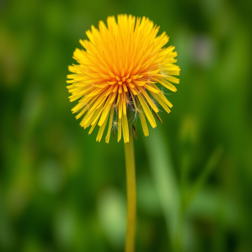 Regenerate an image of a dandelion flower in full bloom with vibrant yellow petals against a blurred green background.