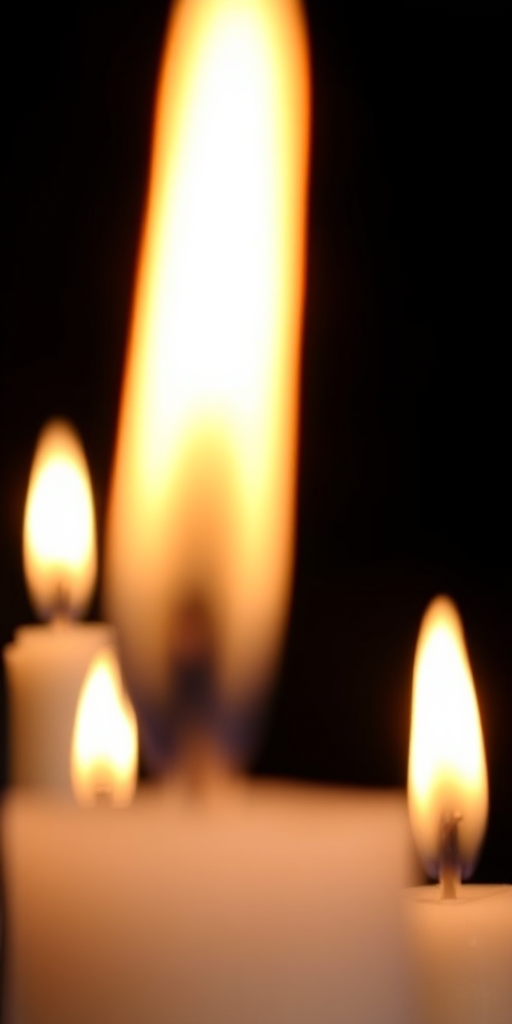 Close-up of lit candles against a dark background, shallow depth of field, aperture f/2.8, ISO 200, 50mm lens, natural lighting, DSLR camera.